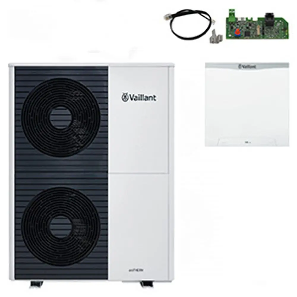 Wärmepumpe von Vaillant mit zwei Lüftern und montierter Steuereinheit, dazu ein Kabel, ein Leiterplattenteil und eine weitere Einheit. Gerät in weißer und schwarzer Ausführung.